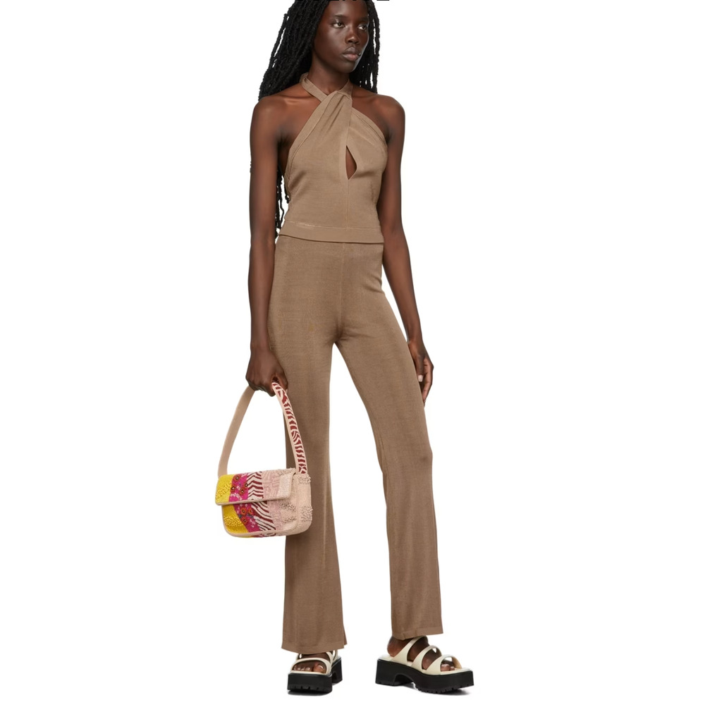 STAUD Tan Halter Top and Flare High Rise Pants set